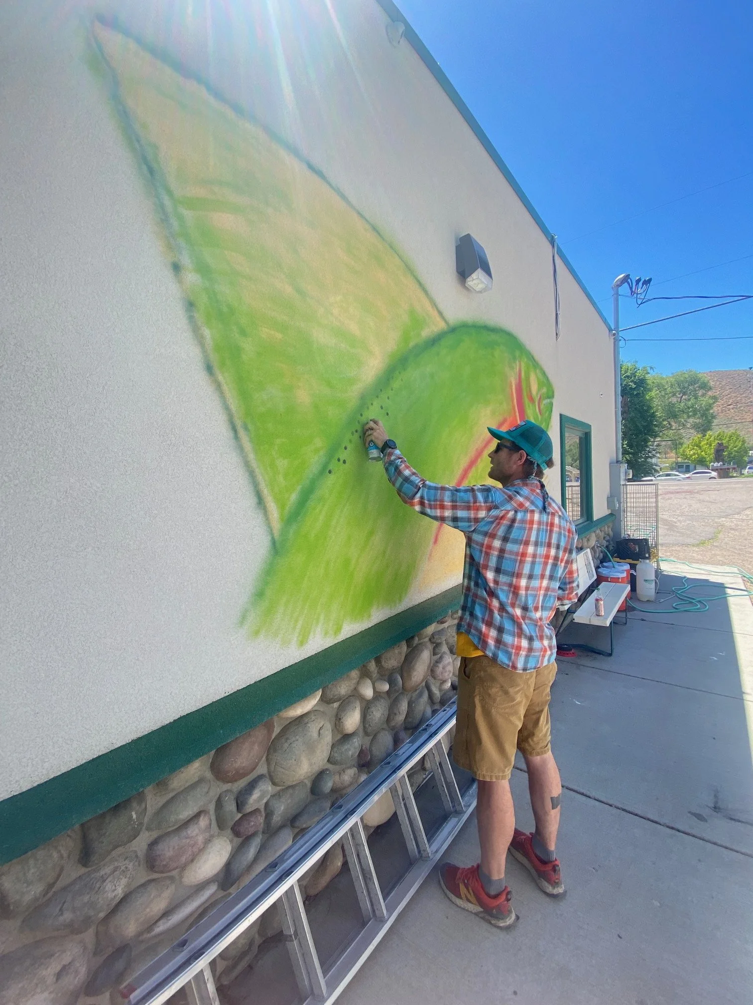 A person spray painting a mural of a green landscape with a blue sky on the exterior wall of a building. The person is wearing a plaid shirt, tan shorts, red shoes, and a teal cap, and is standing on a ladder.