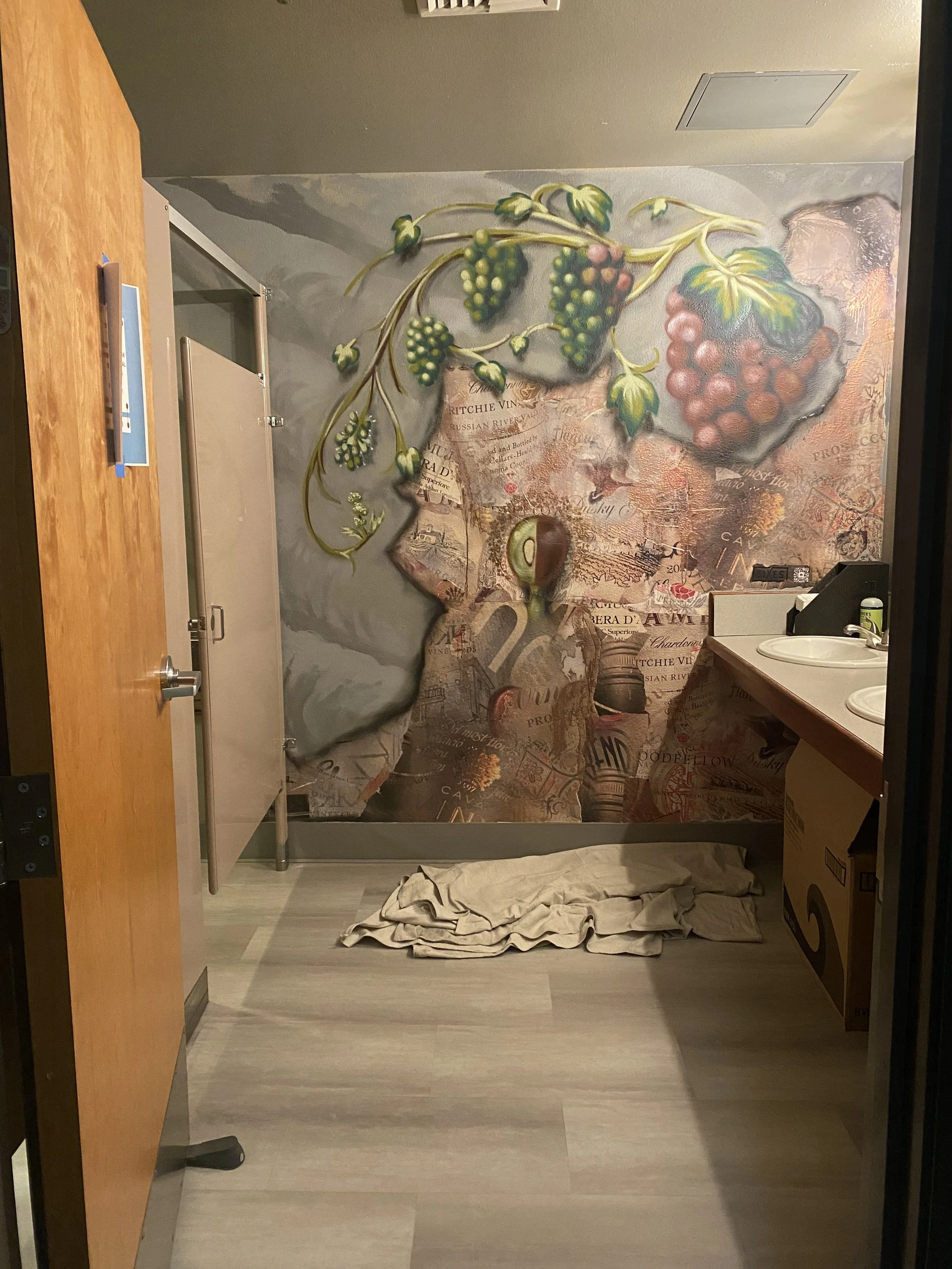 A restroom stall area with a mural of a grapevine with green and purple grapes on the back wall. There is a partially open restroom stall door on the left and a sink with a mirror and soap dispenser on the right. A folded towel is on the floor in fro
