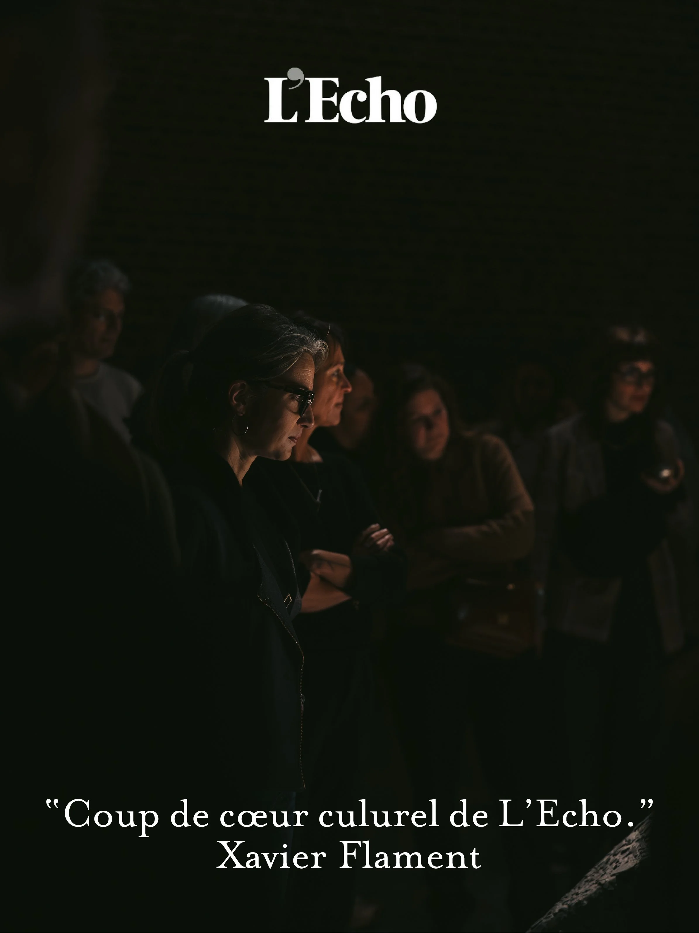 A dark photo of people sitting in an audience, focused and attentive. Overlaid text reads, "L'Echo" and a quote in French: "Coup de cœur culurel de L'Echo." by Xavier Flament.