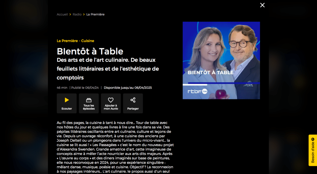 A television show page featuring an episode titled "Bl Dutch at the Table," focused on culinary arts and aesthetics, with a photo of a woman and a man on the right side.