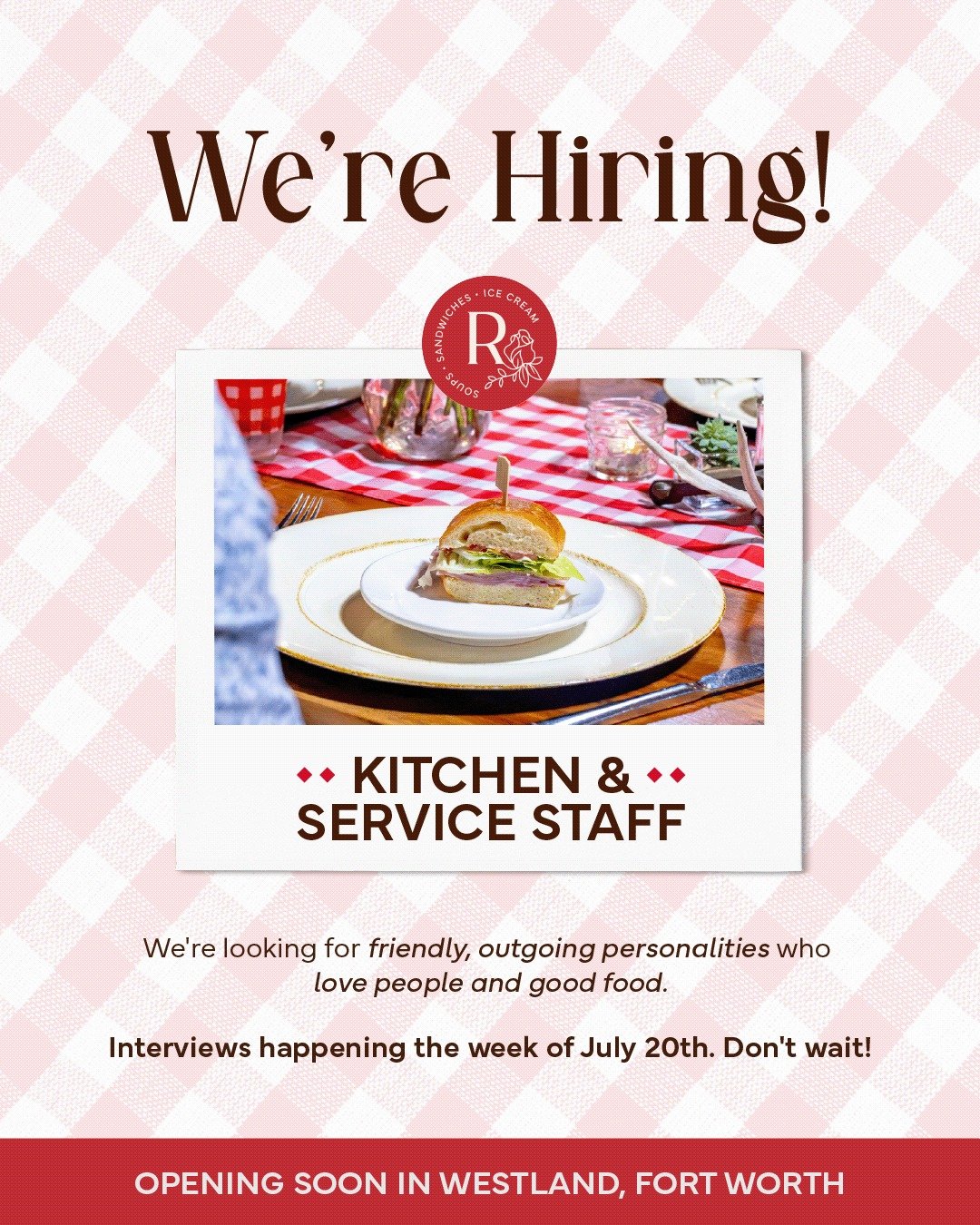 We're hiring and we want to meet YOU. 🌹

Rosebud's Picnic Supply is looking for outgoing, friendly personalities to join our kitchen and service team before our grand opening this summer.

📲 Text 817-891-7398 to schedule your appointment
📩 Resume?