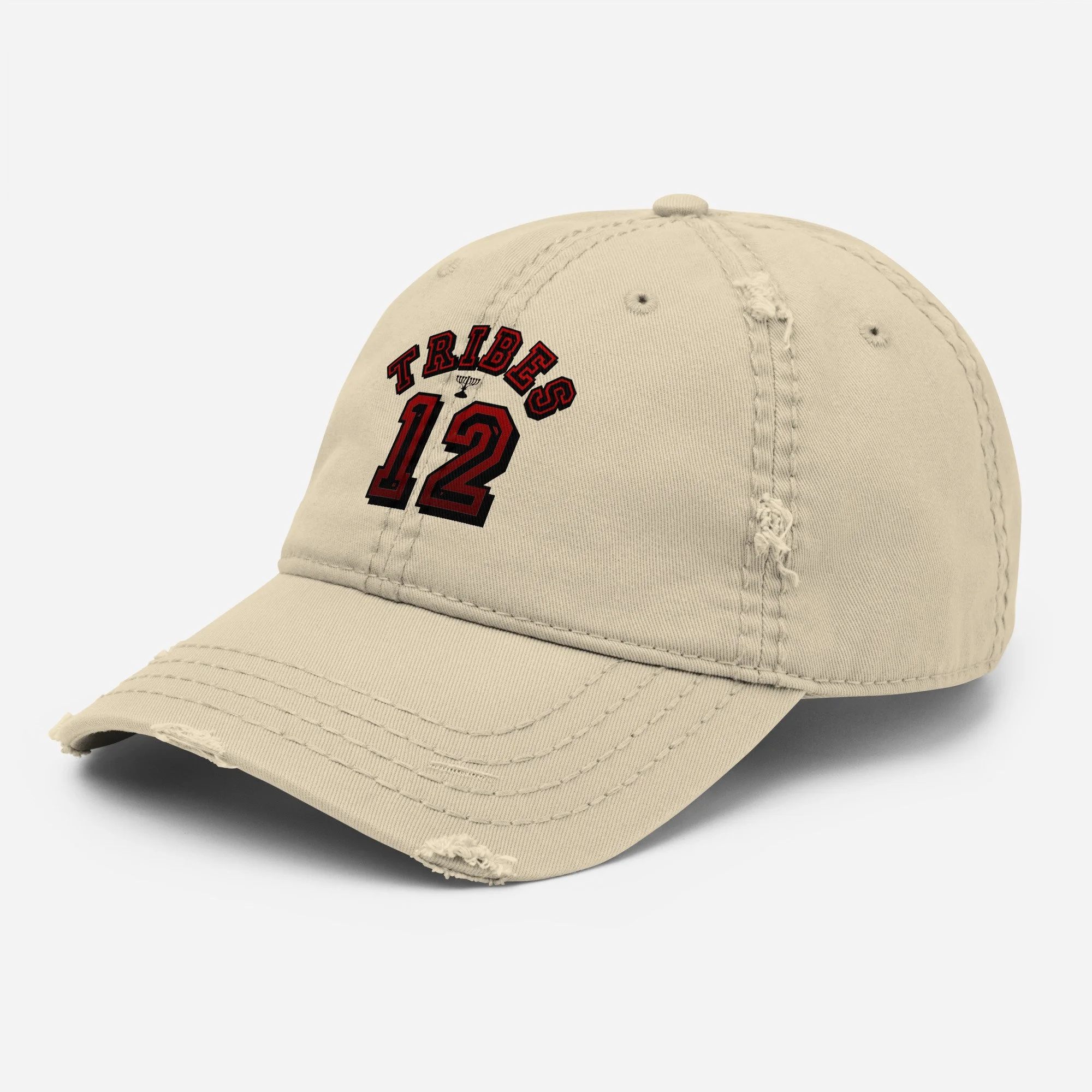 Beige baseball cap with red and black embroidery reading "TRIBE 12" and a small trophy graphic.