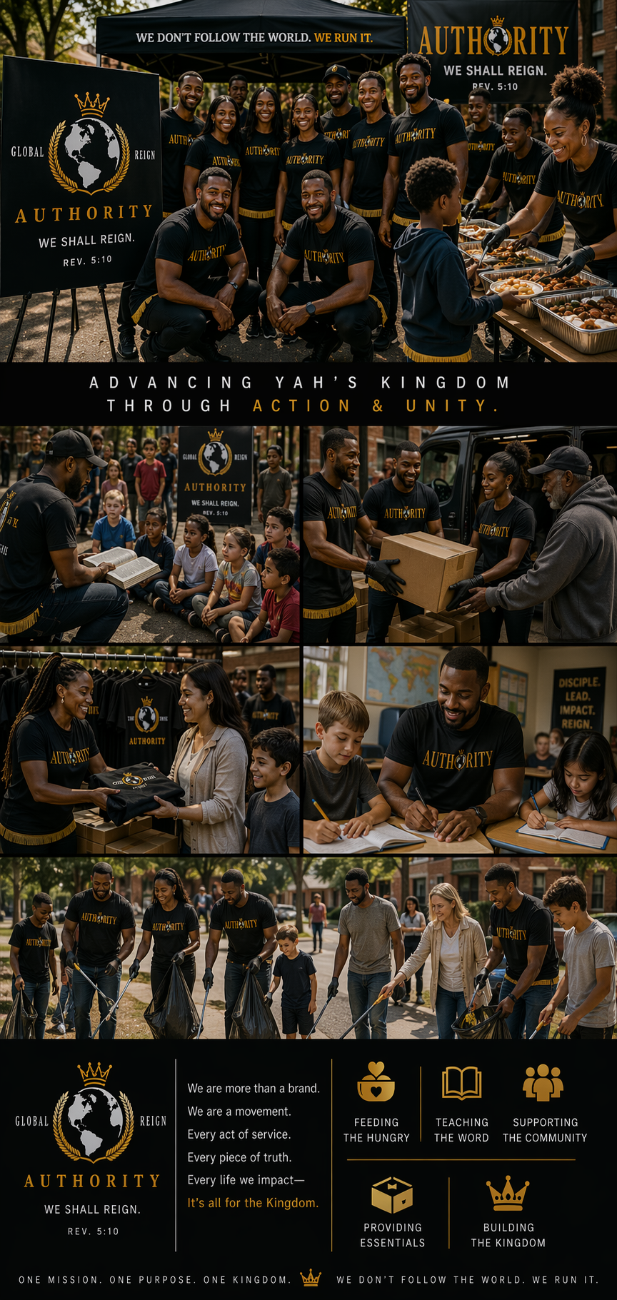Group of people, mostly young adults and children, participating in community service and outreach activities, with some serving food, distributing supplies, or engaged in educational programs, under banners promoting 'Authority' with messages of faith and action.