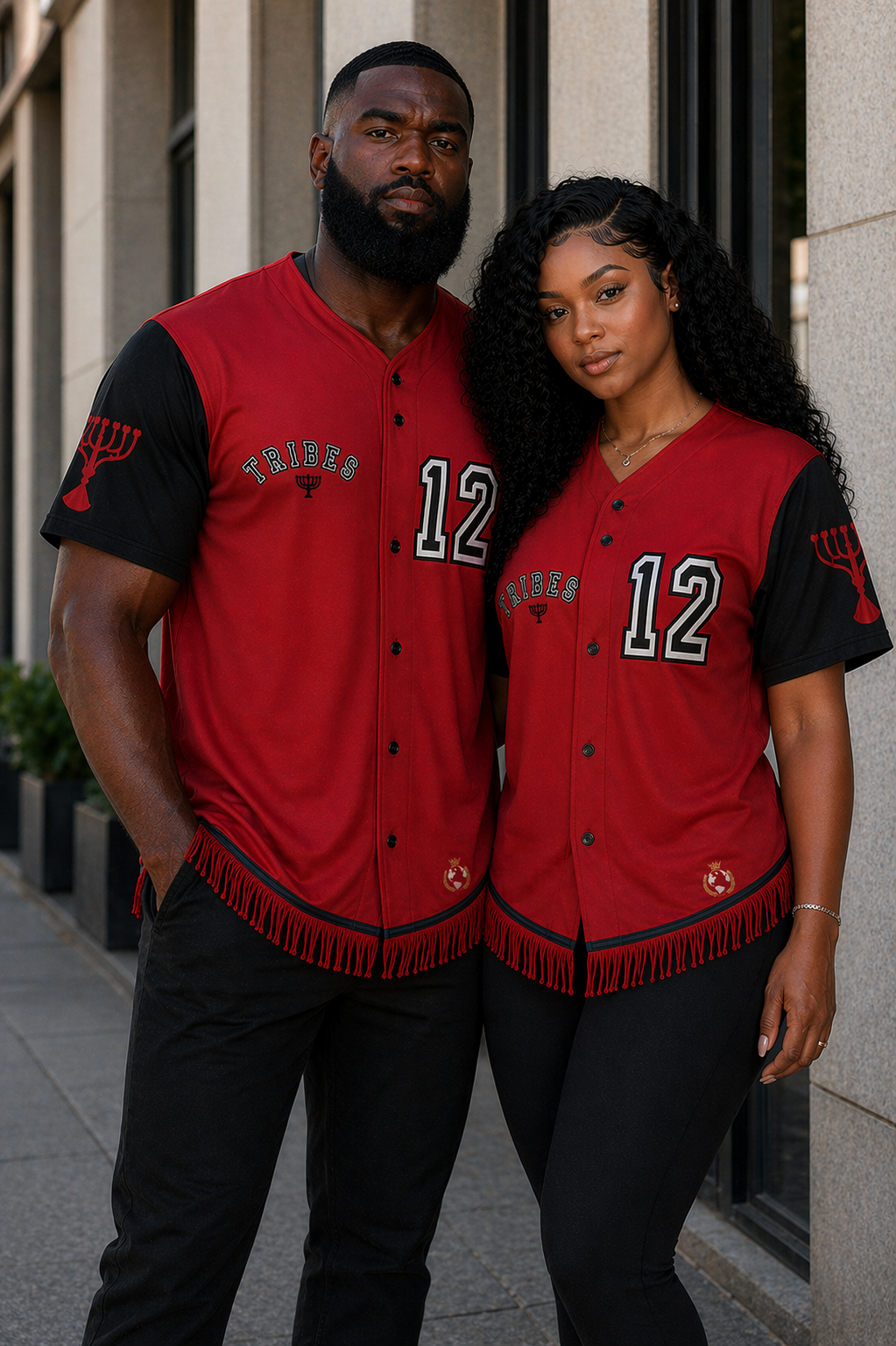 Two individuals, a man and a woman, standing outdoors against a building wall, wearing matching red and black baseball jerseys with the number 12 and the word 'Tribes' on them.
