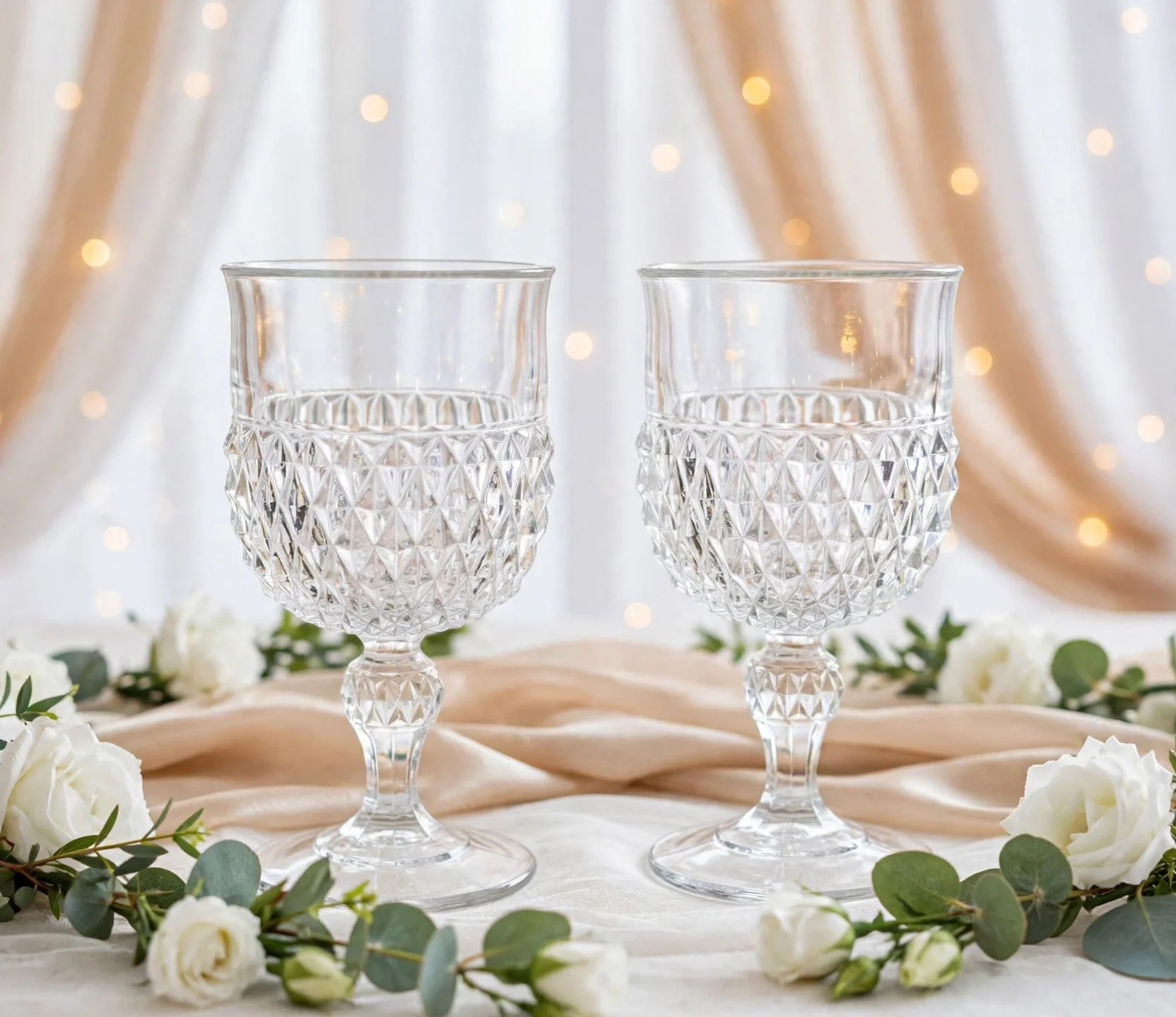 Two crystal goblets with diamond pattern surrounded by white roses and greenery