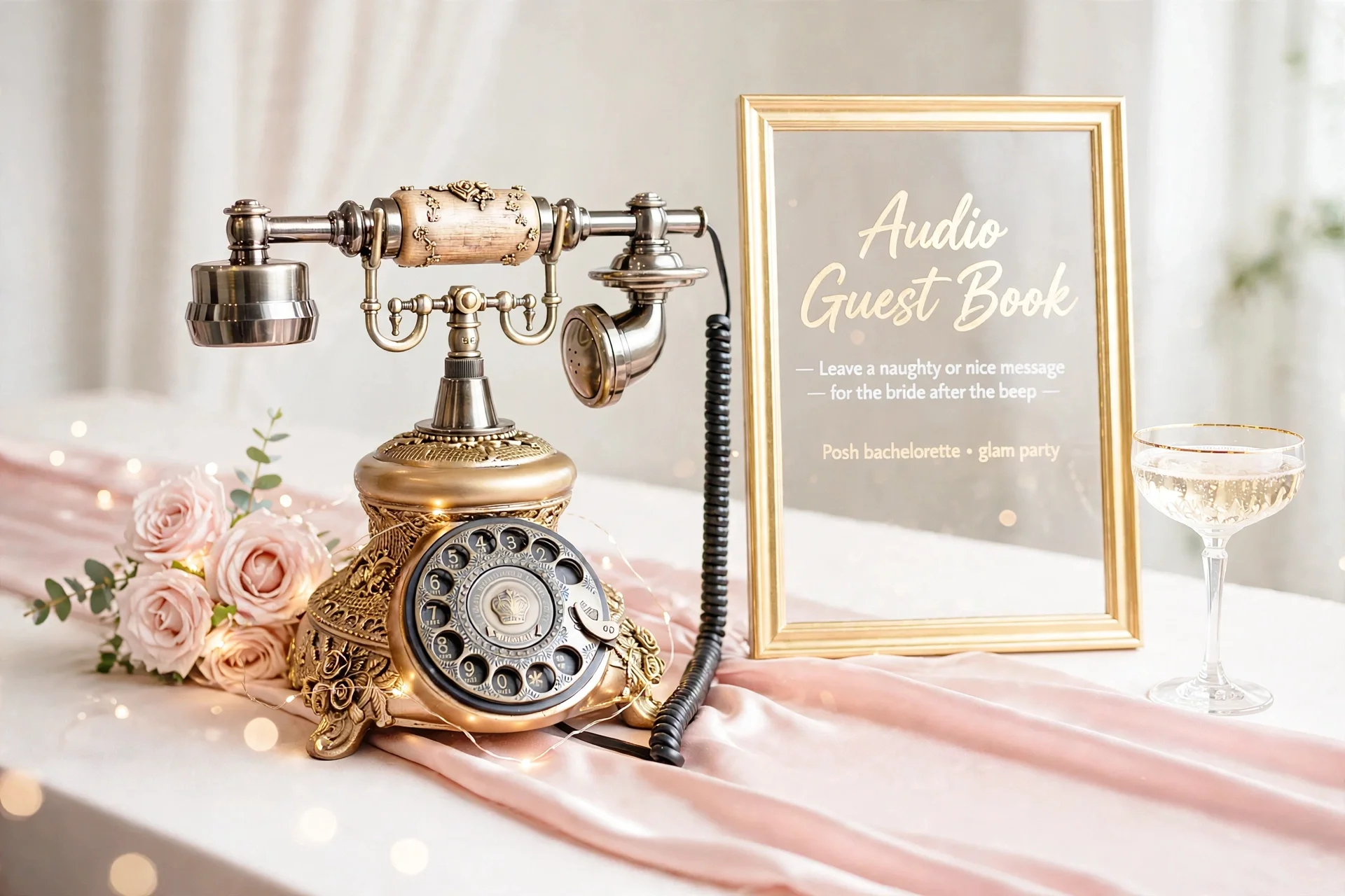 Gold vintage phone with pink roses, champagne glass, and gold framed sign on satin fabric