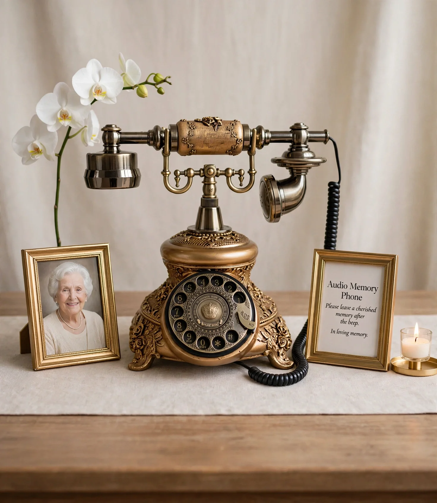Gold vintage phone with framed photo, orchid, candle, picture of elderly lady, and memory sign on wooden table