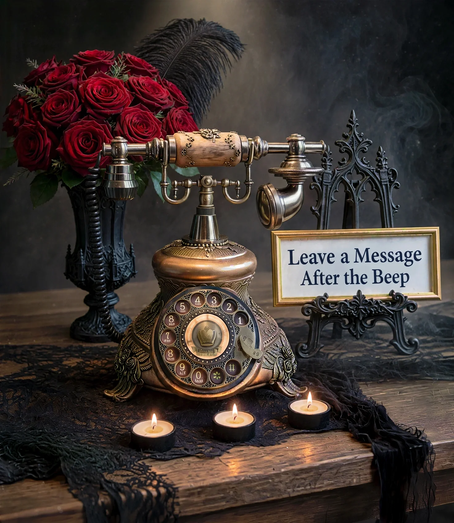 Gold vintage phone with red roses, black lace, candles, and gothic sign on wooden table