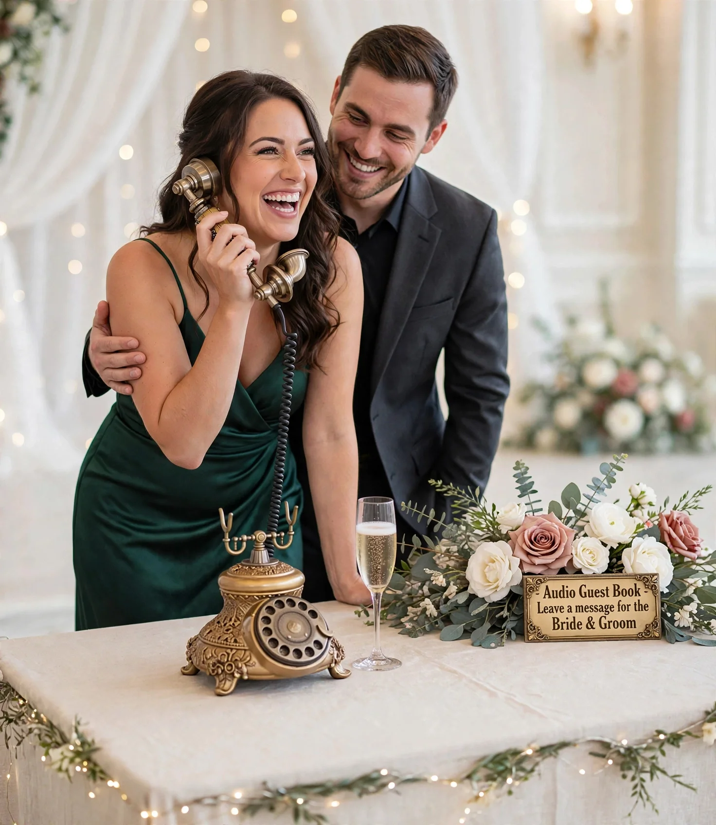 Couple using vintage style audio guest book phone at wedding table with floral arrangement