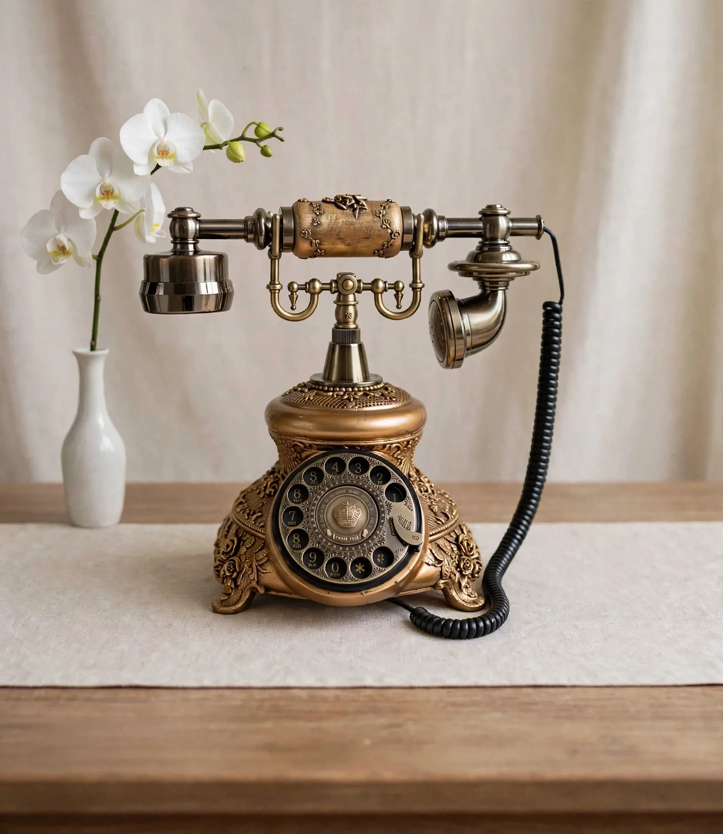 Gold vintage audio guest book phone, with orchid, on wooden table