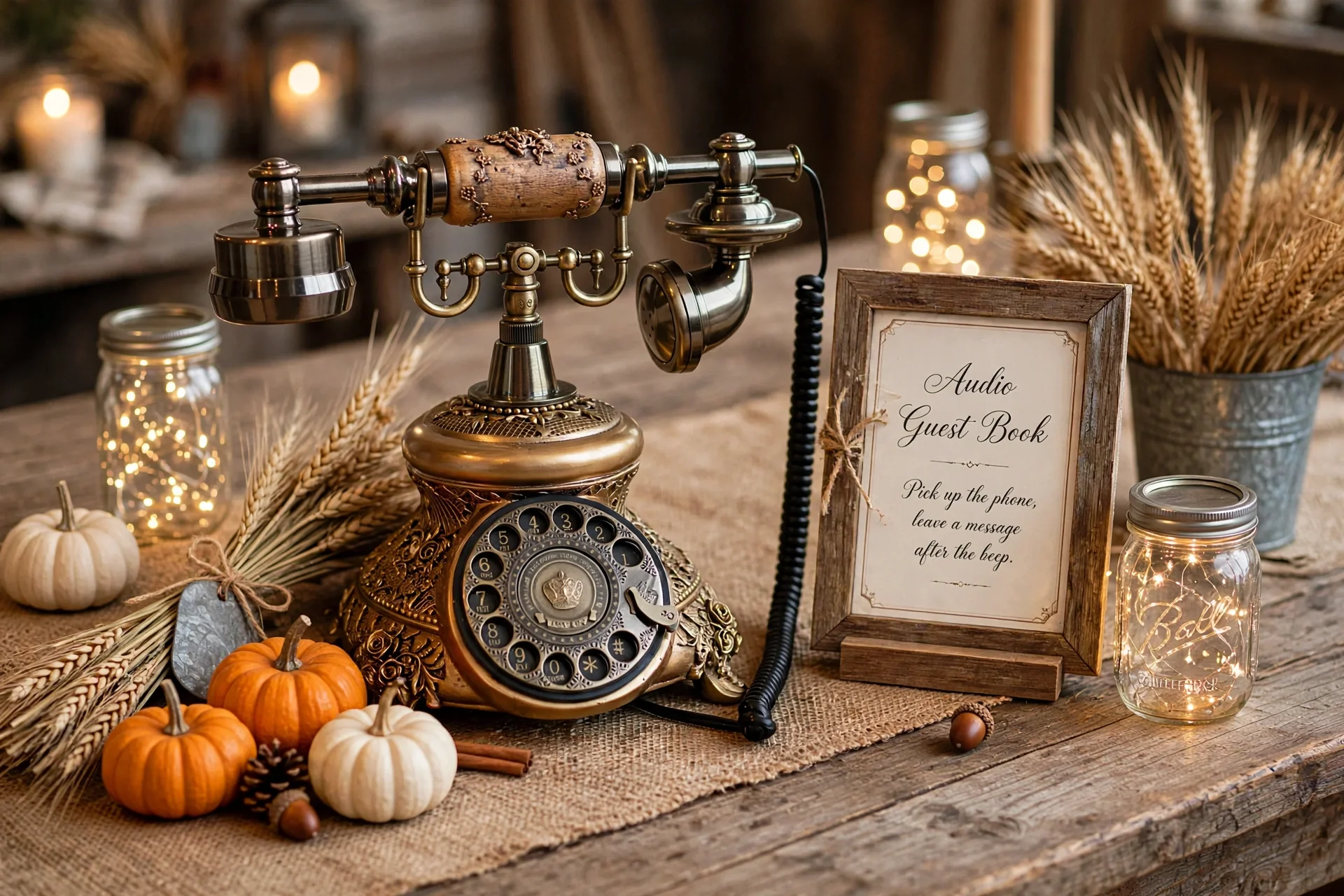 Gold vintage phone with framed sign, pumpkins, wheat, and glowing mason jars on burlap