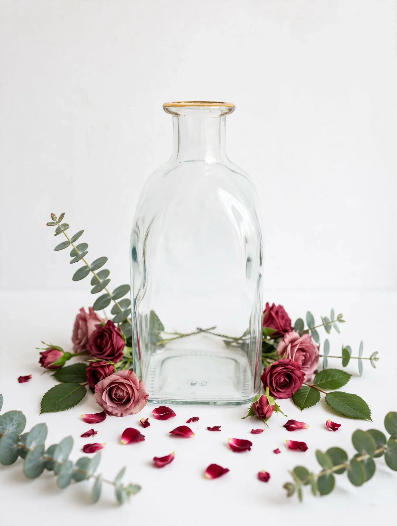 Clear glass bottle with gold rim surrounded by roses, petals, and greenery