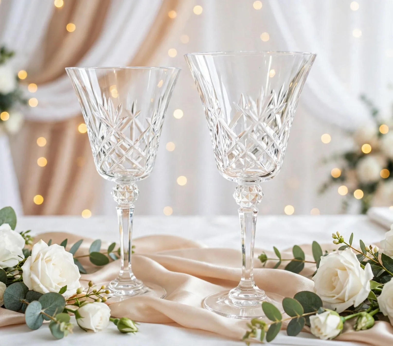 Two etched crystal wine glasses with white roses and greenery on satin fabric