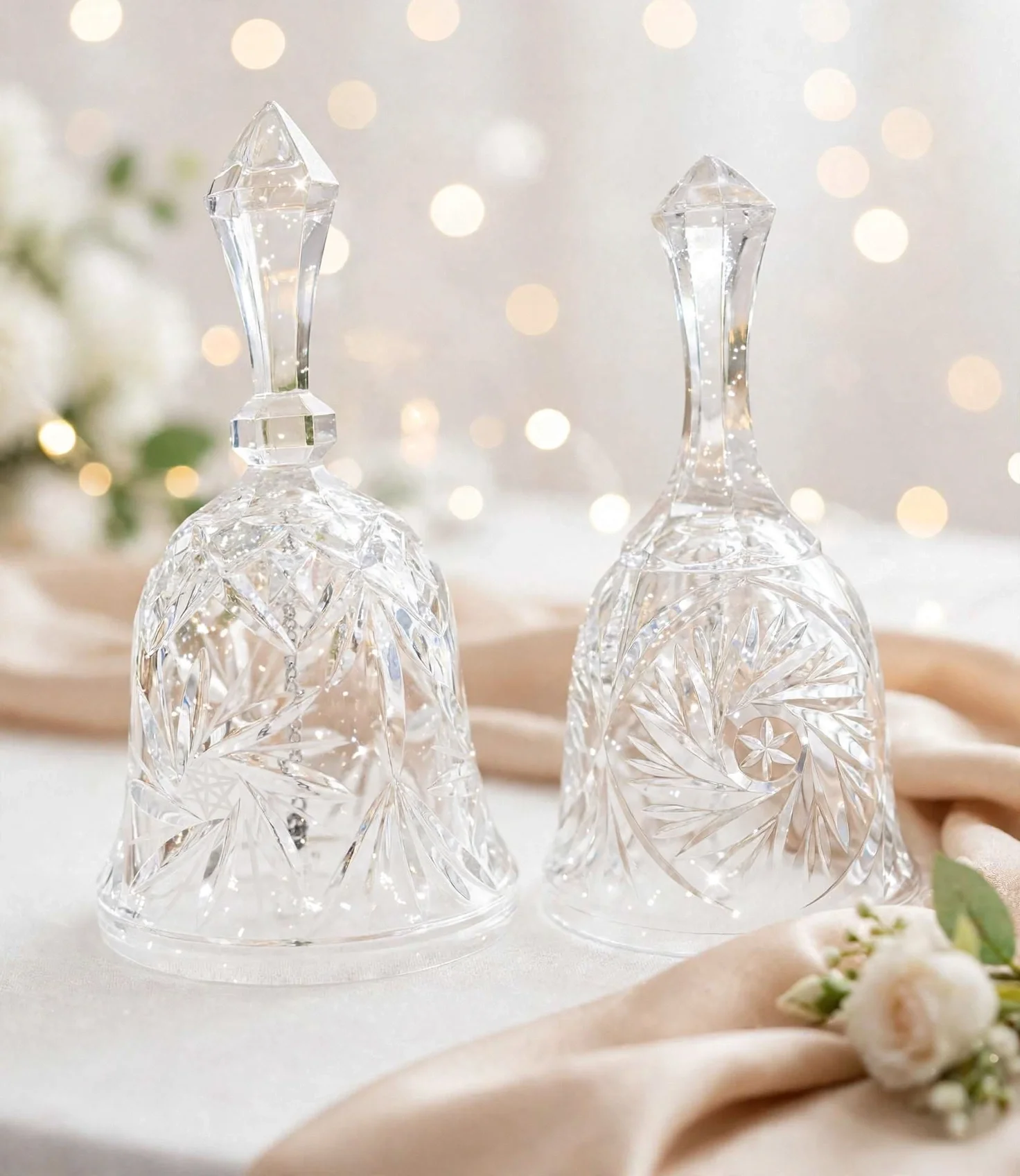 Pair of cut crystal bells on champagne fabric with white flowers and warm lights