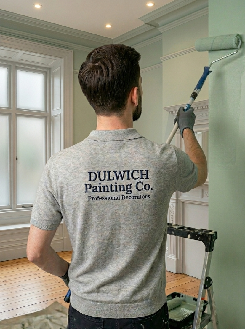 A man is painting a wall with a roller, wearing a grey shirt with the company name Dulwich Painting Co. on the back. He is standing on a ladder in a well-lit room with high windows and wooden floors.