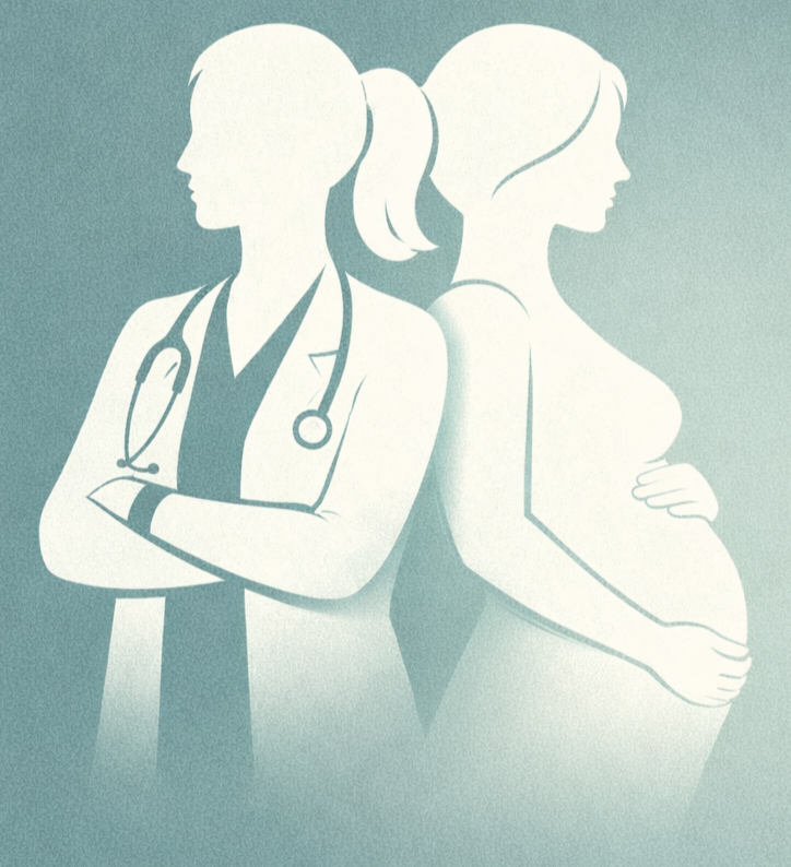 Illustration of two women, one dressed as a doctor with a stethoscope and the other side profile with her arms crossed, representing healthcare or medical professionals.