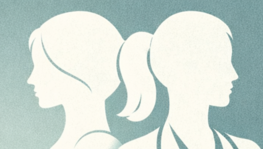 Silhouettes of two women facing opposite directions with ponytails.