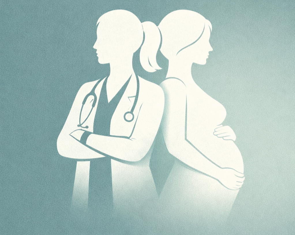 Illustration of a female doctor with a stethoscope and a pregnant woman standing back-to-back.