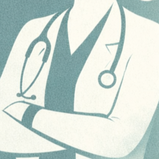 Close-up of a medical professional wearing a white coat with a stethoscope around their neck.