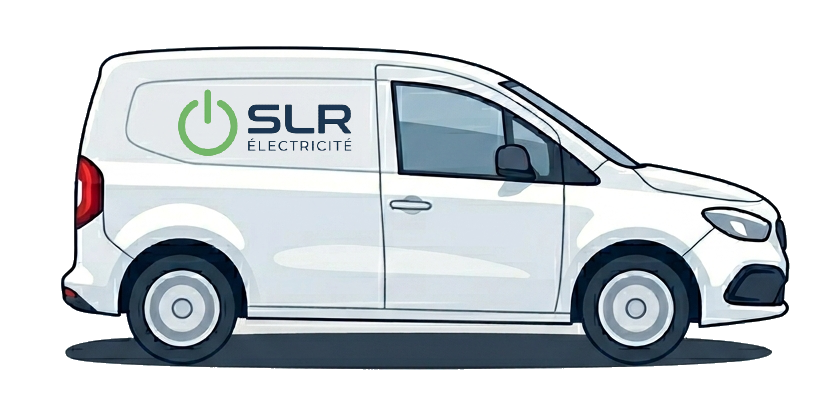 Une camionnette blanche avec le logo de SLR Électricité, une entreprise d'électricité, sur le côté.