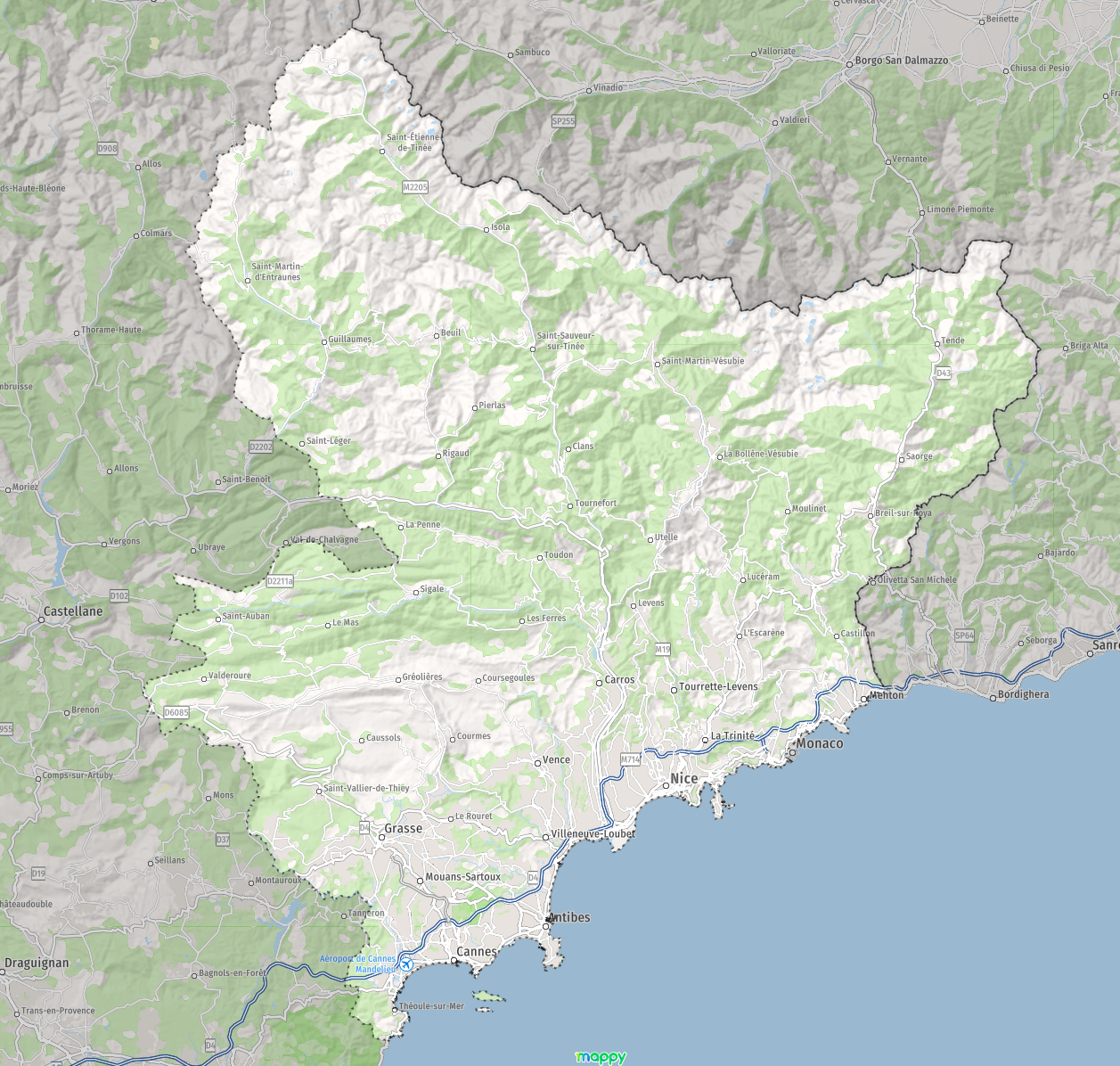 Carte géographique détaillée de la Côte d'Azur montrant des villes comme Nice, Monaco, Cannes, ainsi que des régions montagneuses et la mer Méditerranée.