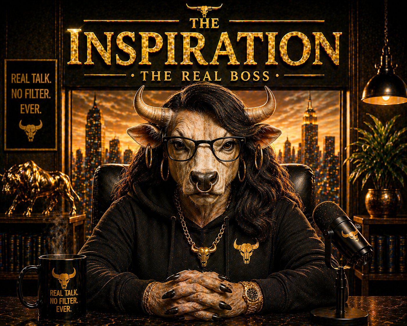 Anthropomorphic bull with glasses, gold jewelry, and a hoodie sitting at a desk with a city skyline and sunset background. The scene has gold accents and motivational text about being real and authentic.