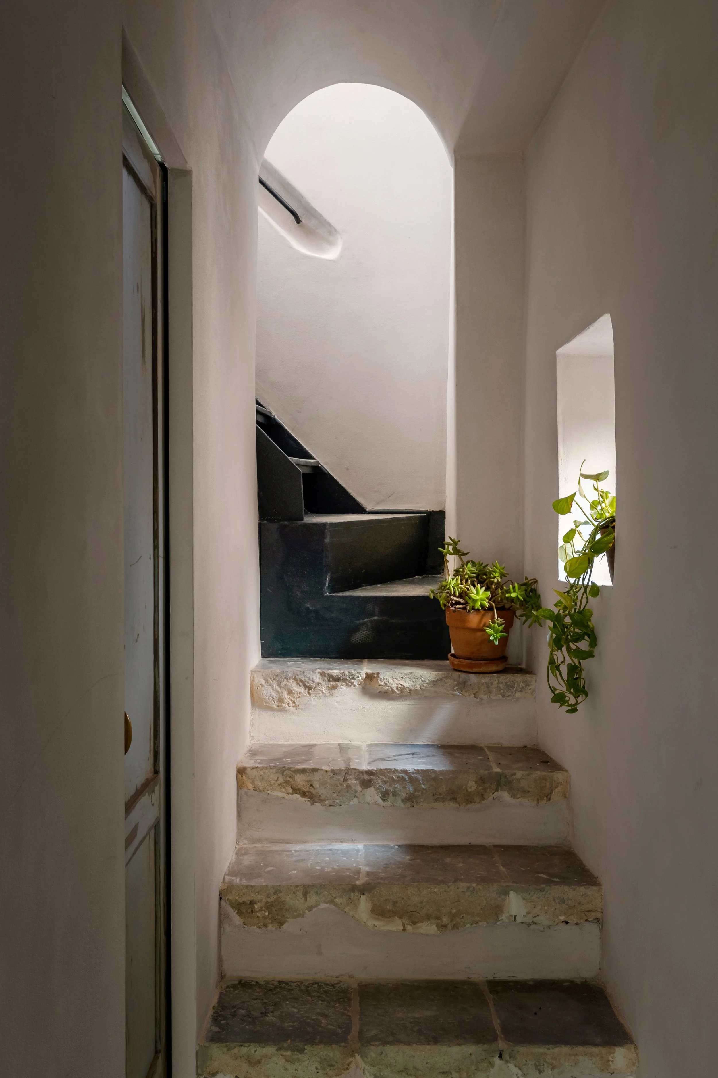 Interior view of a small staircase with stone steps, white curved walls, a small window with sunlight, and a potted plant on a ledge.
