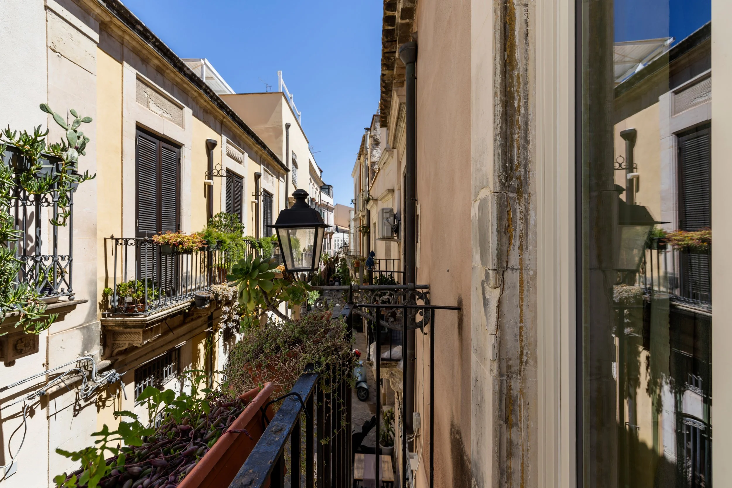 A narrow European city balcony with potted plants, a black wrought-iron railing, a black lantern, and neighboring buildings with closed black shutters on sunny day.