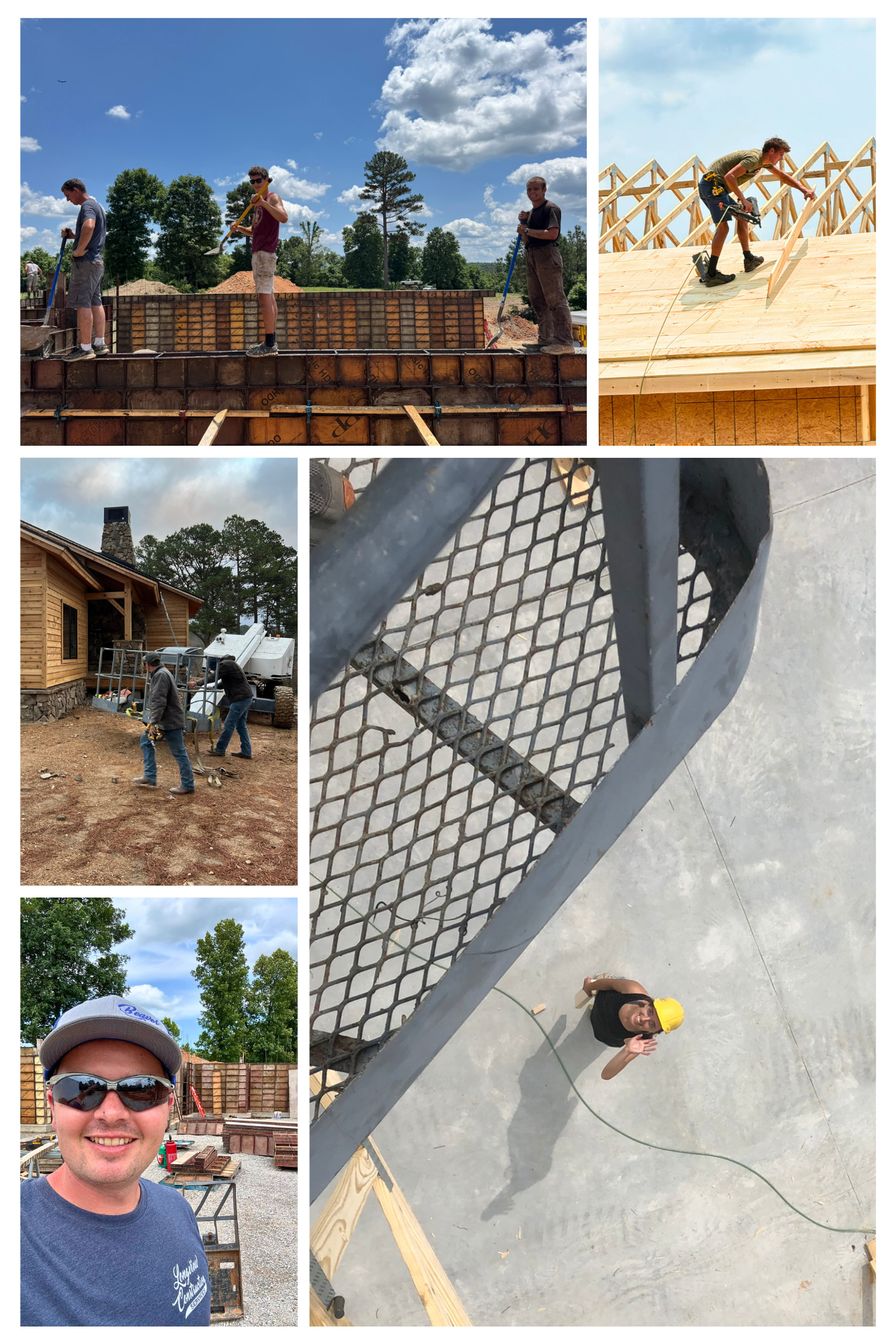 Group of people building a house with wooden frames and concrete floor, some women using tools, woman wearing yellow hard hat, outdoor setting with trees and blue sky.