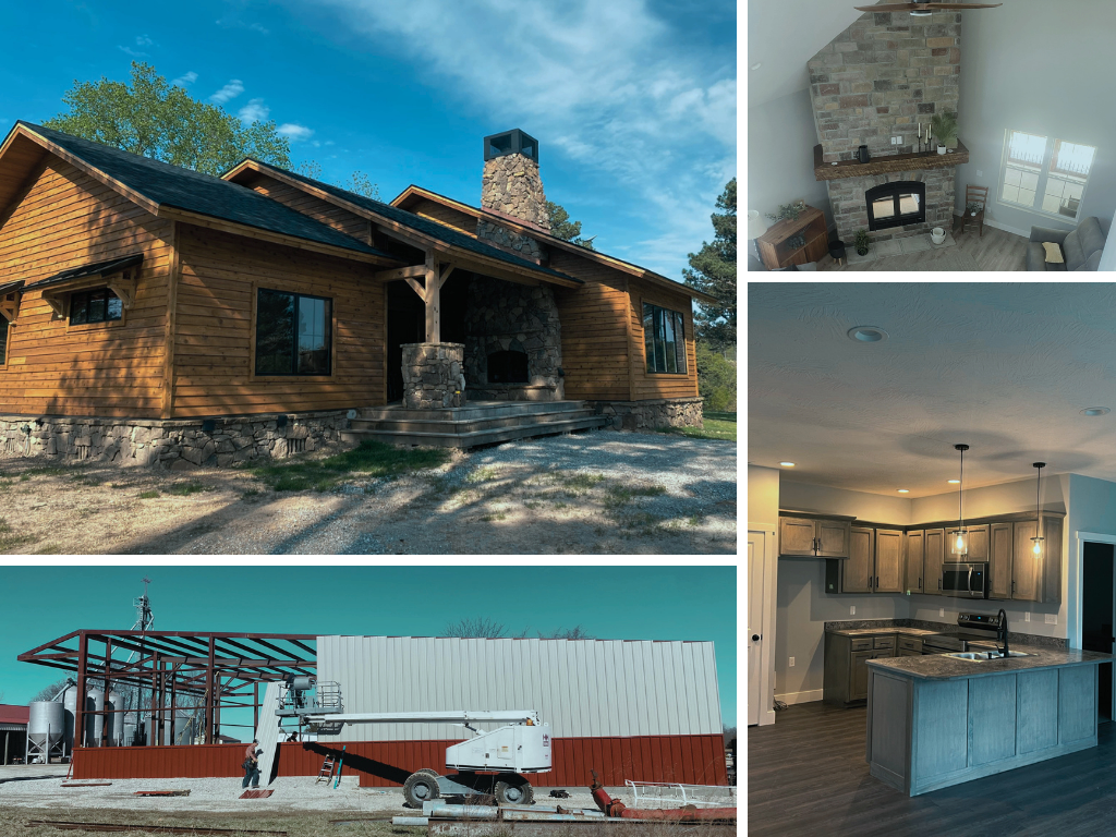 A collage of images featuring a wooden cabin house exterior with a stone chimney, an interior living room with a stone fireplace, a kitchen with dark cabinets and an island, and a construction site of a metal building structure.