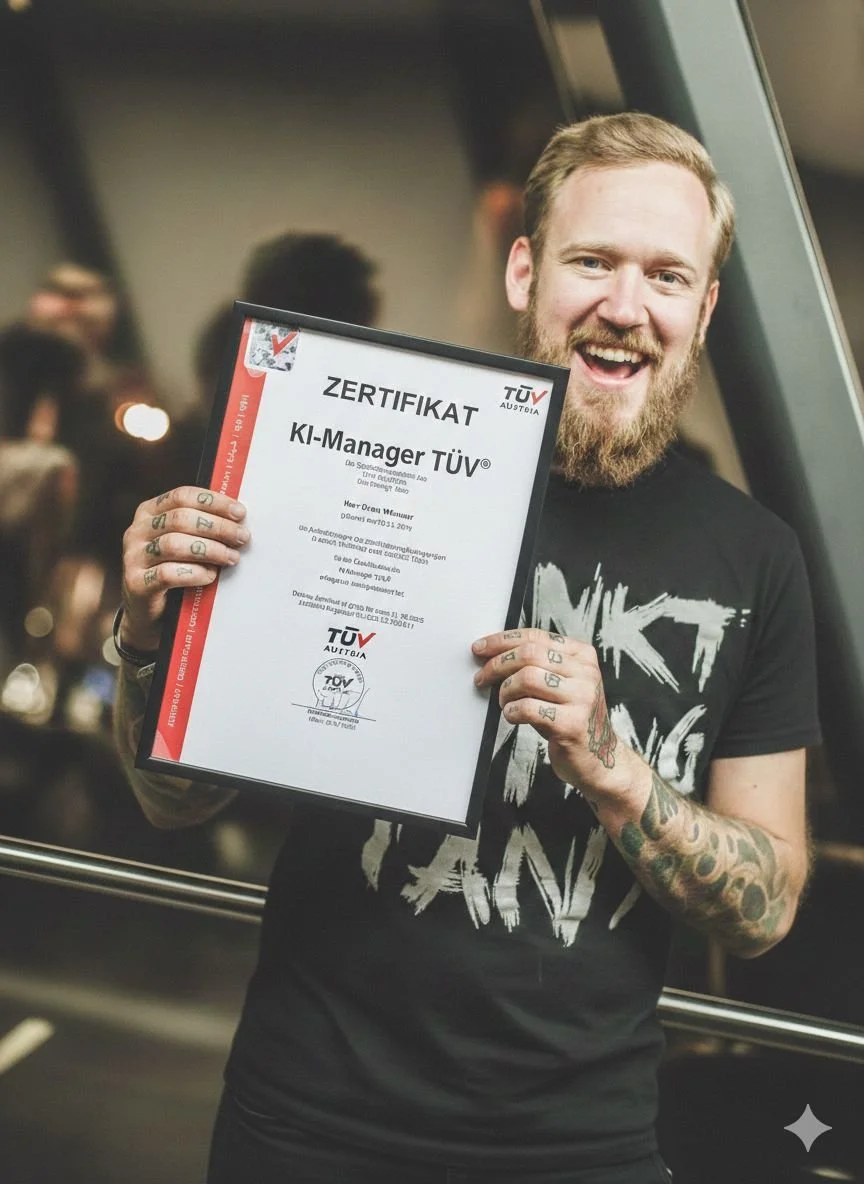 Sven zeigt sein KI-Manager TÜV Zertifikat nach ISO/IEC 17024 vom TÜV AUSTRIA