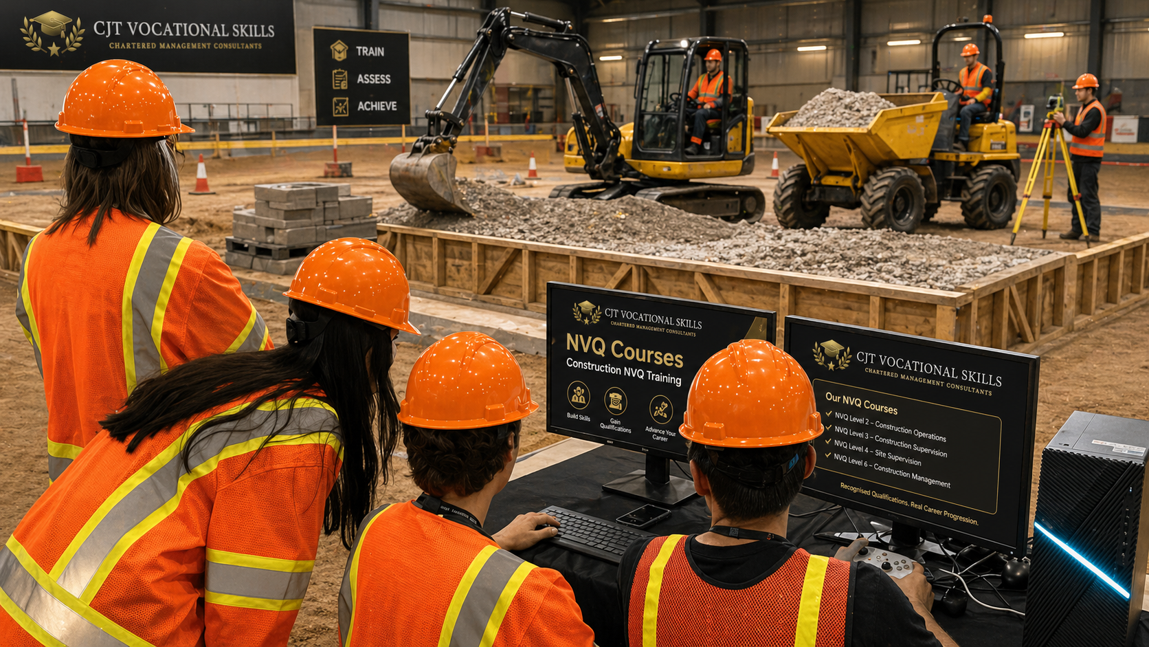 Construction site with workers wearing orange safety vests and helmets, operating machinery, and engaging in training activities for NVQ courses. There are two screens displaying NVQ course details and a computer workstation.