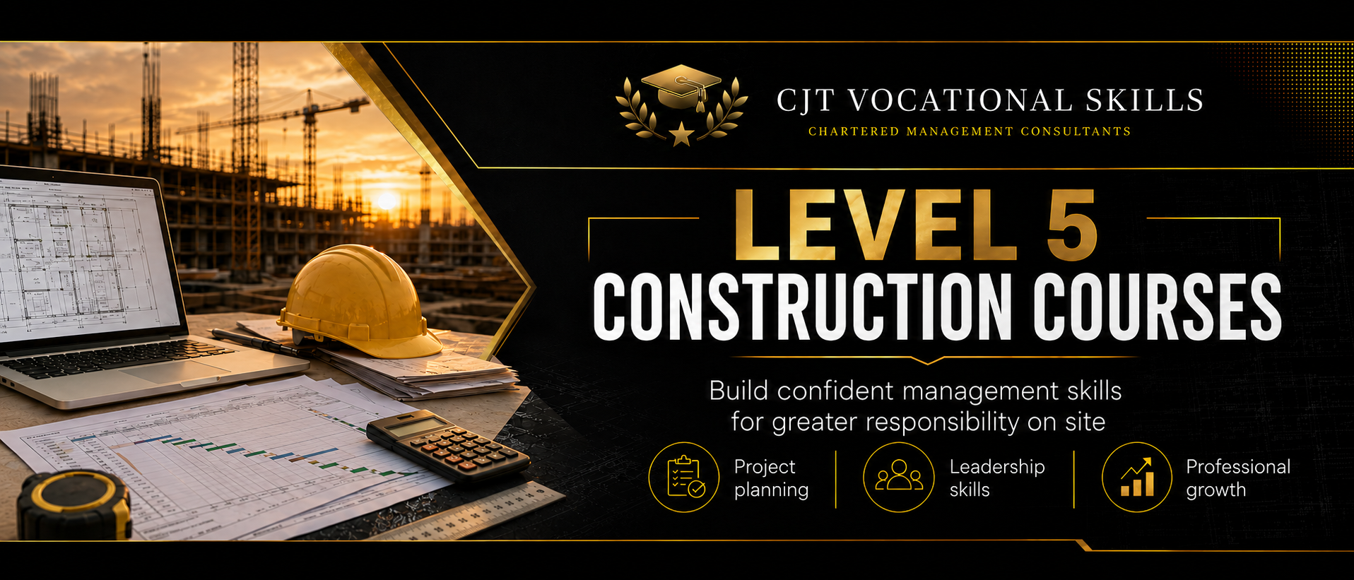 Advertisement for Level 5 construction courses offered by CJT Vocational Skills, with images of a construction site, a laptop displaying blueprints, a yellow safety helmet, a calculator, and construction charts, emphasizing project planning, leadership skills, and professional growth.