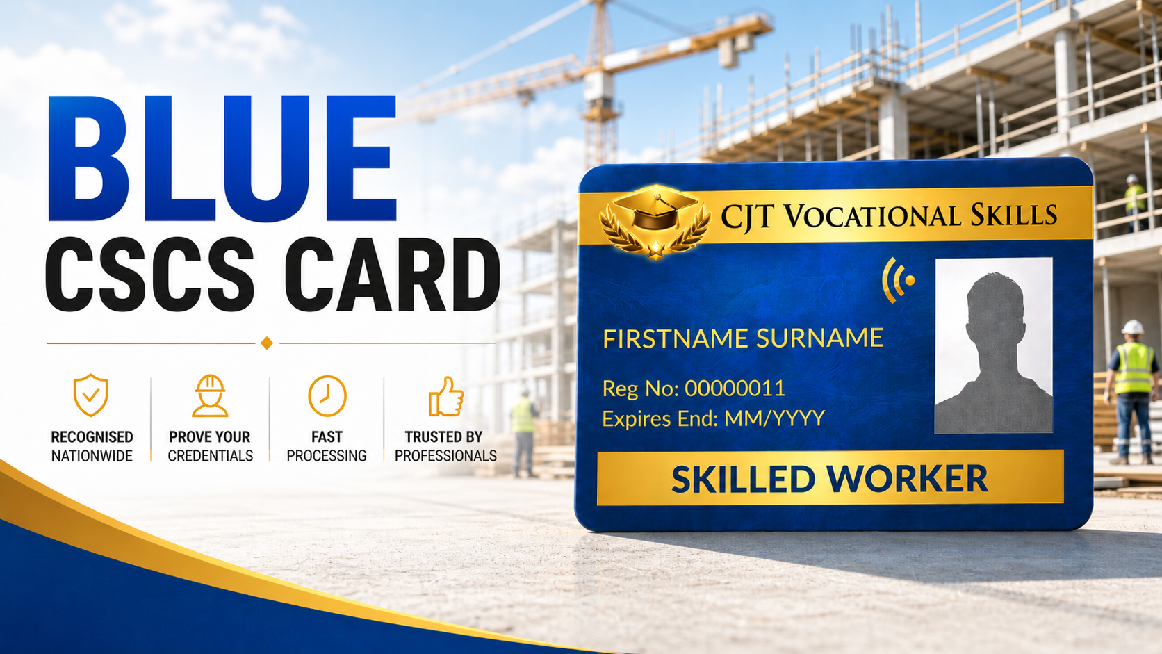 A vocational skills card for a skilled worker, with construction site in the background. The card is blue and yellow, displaying a silhouette of a person, registration number, expiry date, and text indicating recognition and credentials.
