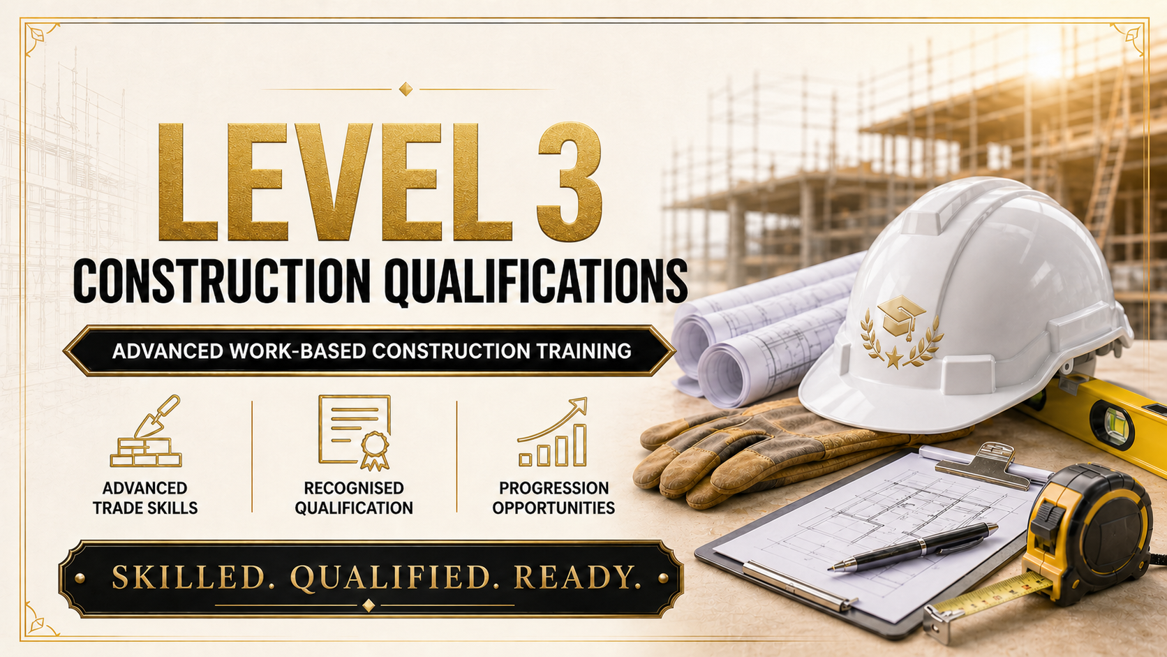 Promotional poster for Level 3 construction qualifications featuring construction helmet with logo, blueprints, gloves, and measuring tools on a desk, with a construction site in the background.