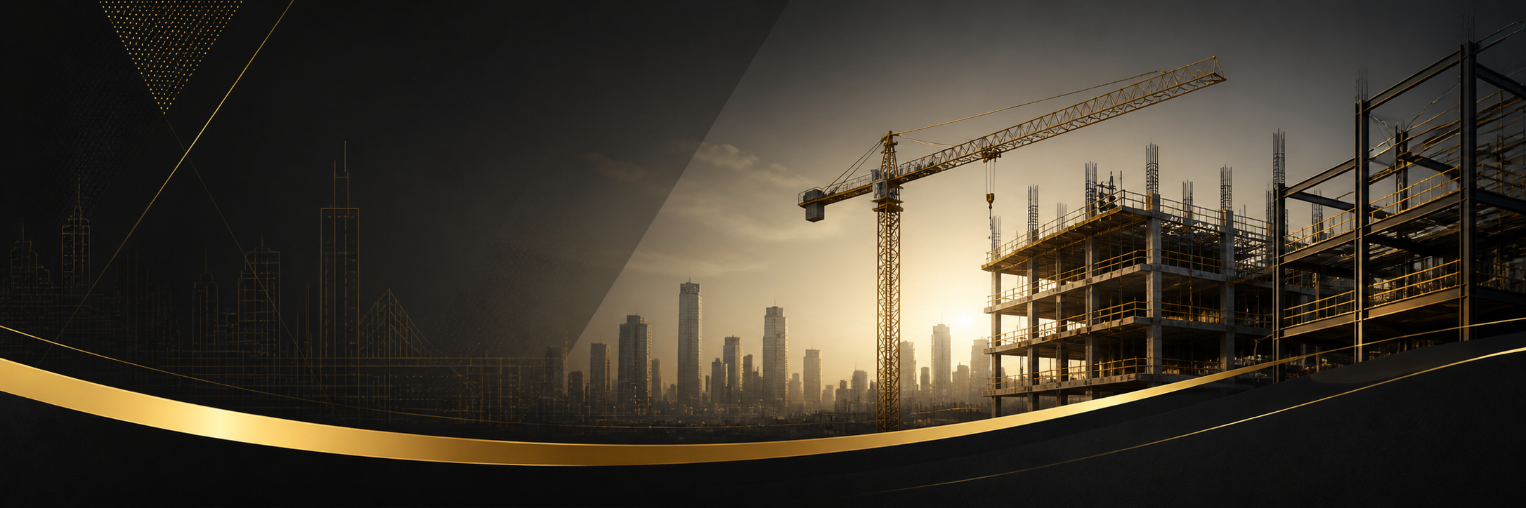 Construction site with a tall crane and partially built multi-story building against a city skyline at sunset.