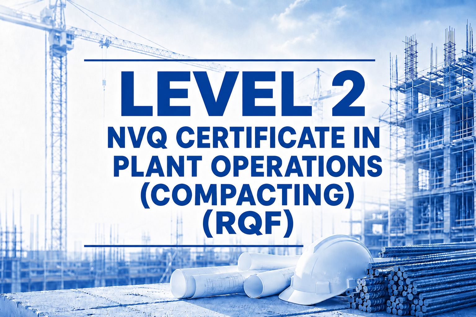 Construction site with cranes and building scaffolding, blueprints, a construction helmet, and pipes on the ground, overlaid with text about NVQ certification in plant operations.