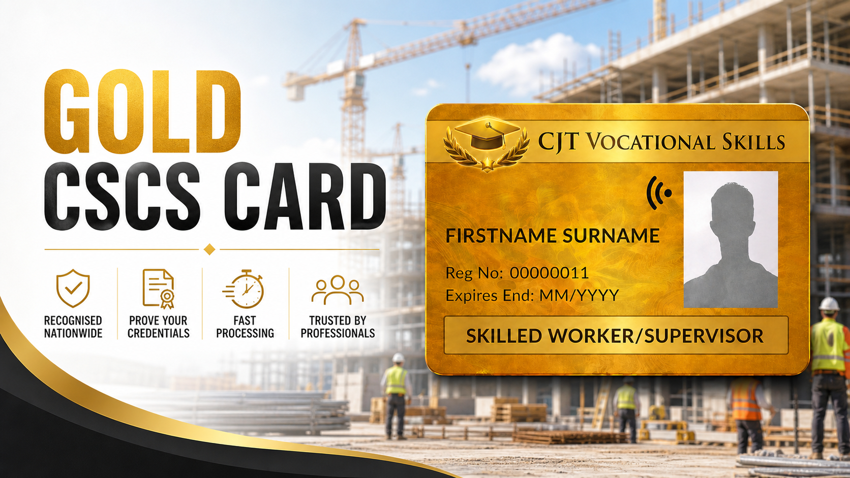 A promotional image for the Gold CSCs Card from CJT Vocational Skills featuring a construction site background with workers and a digital trainee ID card overlay.