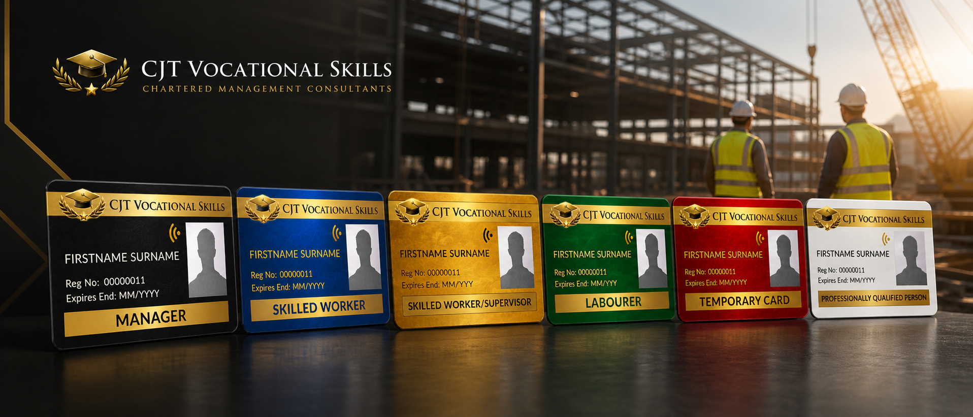 Five construction worker ID badges laid out on a table with a building site in the background. The badges are in black, blue, yellow, green, red, and white, each with a professional title like manager, skilled worker, laborer, temporary card, and qualified person. The badges belong to CJT Vocational Skills.