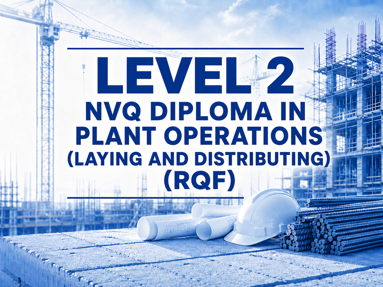 Construction site with cranes and building framework, blue overlay, rolled blueprints, a white safety helmet, and stacks of pipes, with prominently displayed text about a construction diploma course.