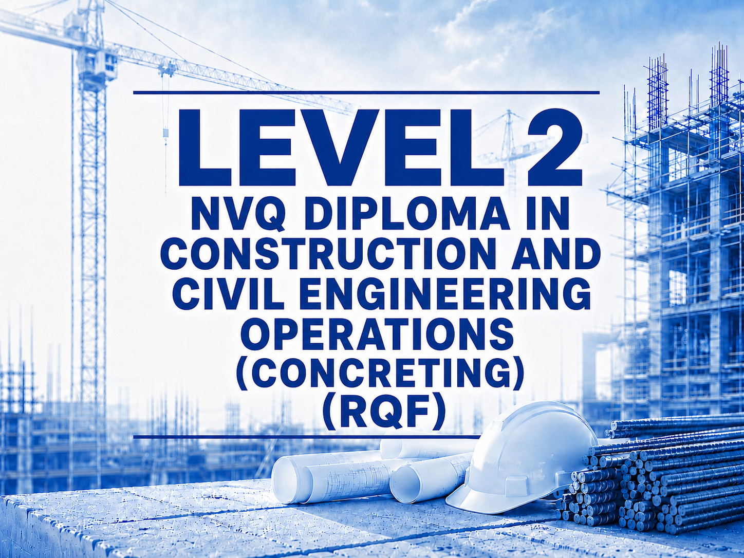 Construction site with cranes and a building under construction, depicted in blue, with a hard hat, rolled plans, and pipes in the foreground. Overlaid text reads: 'Level 2 NVQ Diploma in Construction and Civil Engineering Operations (Concreting) (RQF).'