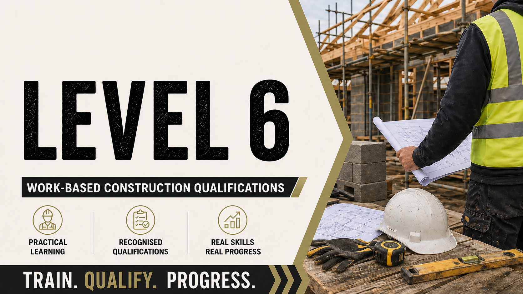 Sign indicating level 6 work-based construction qualifications with icons for practical learning, recognized qualifications, and real skills progress, next to a construction site with a worker holding blueprints and construction tools.
