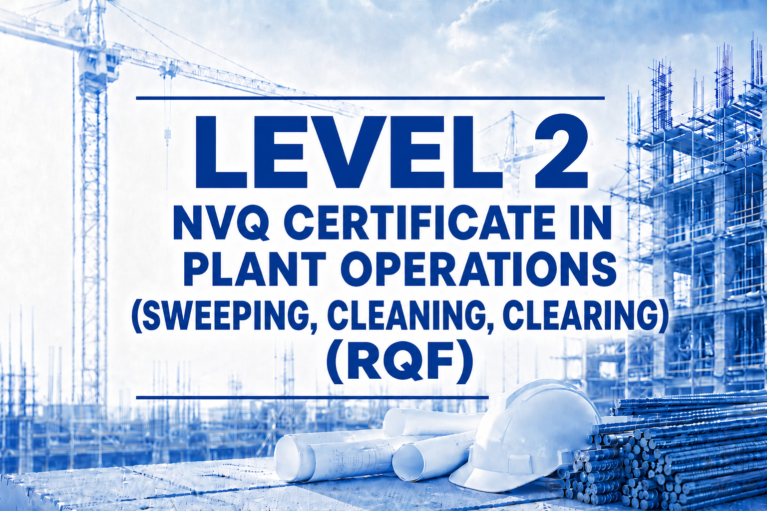 Construction site with cranes, building framework, blueprints, a safety helmet, and metal pipes, overlaid with text about NVQ Level 2 certificate in plant operations.