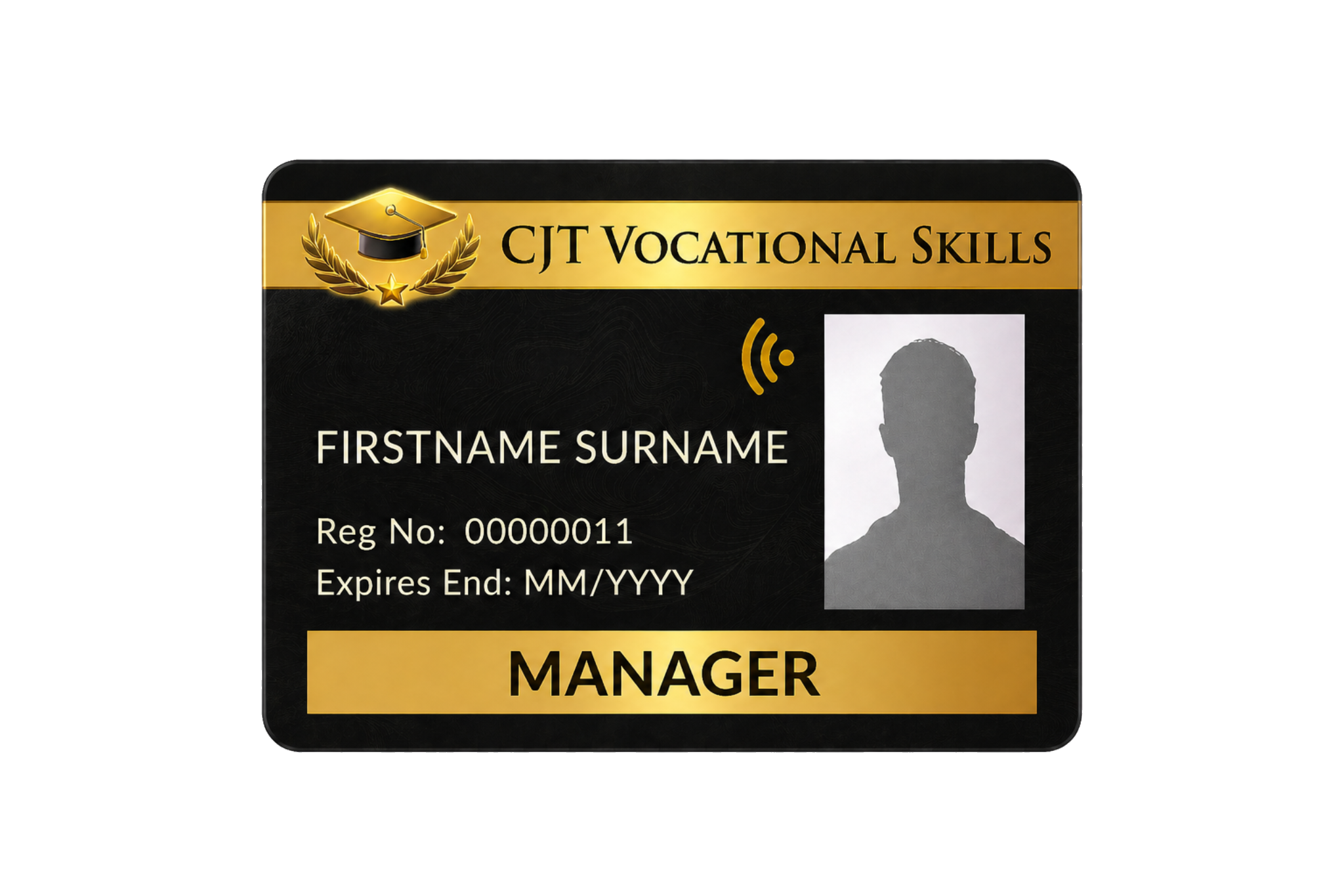 Close-up of a digital ID card for CJT Vocational Skills, showing a silhouette of a person, registration number, expiration date, and the word Manager in bold black letters on a gold background at the bottom.