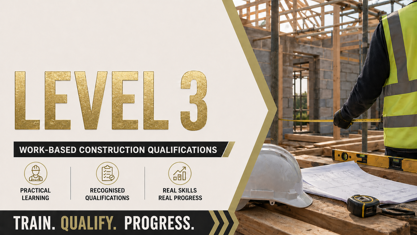 Signboard advertising Level 3 work-based construction qualifications with a construction site in the background, showing a worker, tools, and building materials.