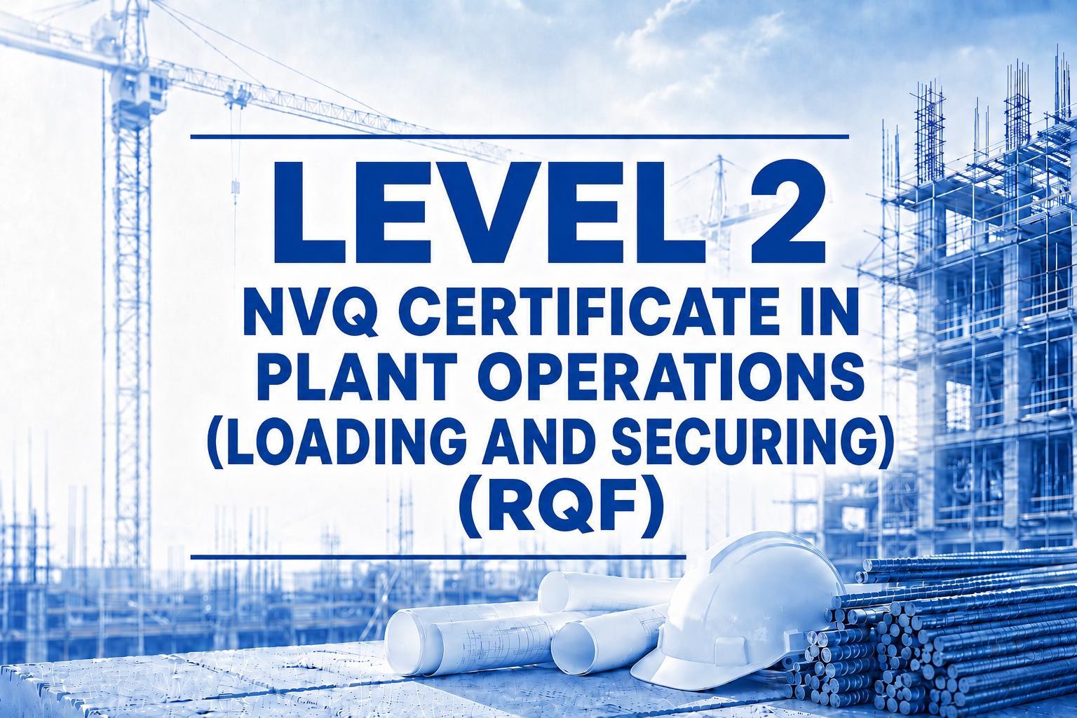 Construction site with cranes, building framework, safety helmet, blueprints, and metal pipes, with overlaid text about NVQ Level 2 certification in plant operations.