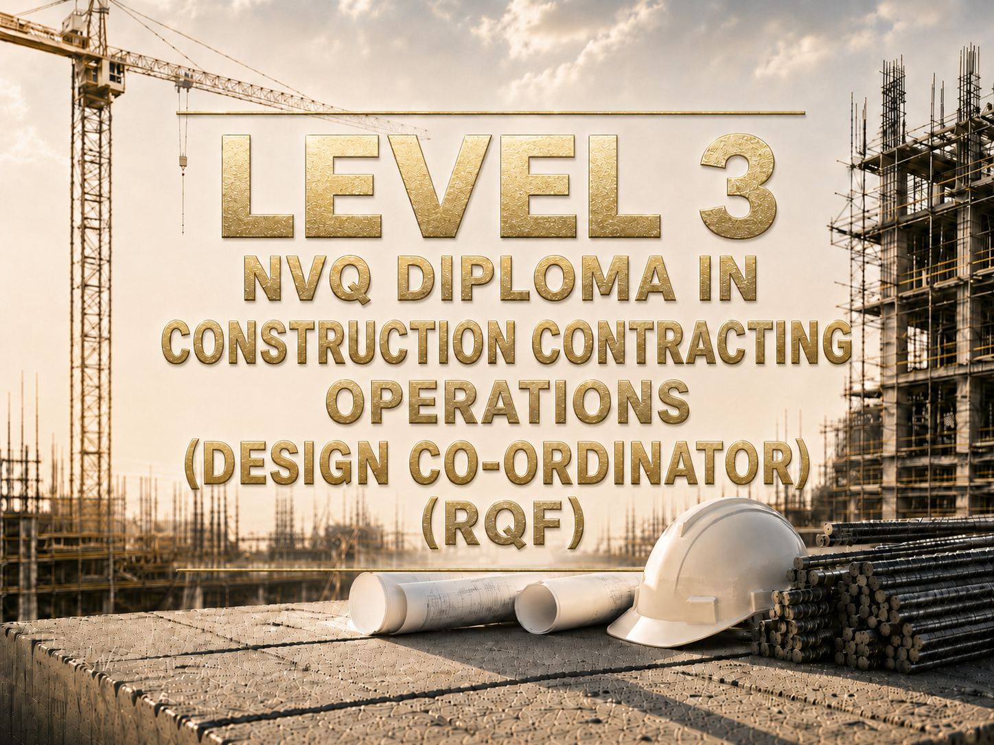 Construction site with scaffolding, a construction helmet, and rolled plans, overlaid with gold text about a diploma in construction contracting operations.
