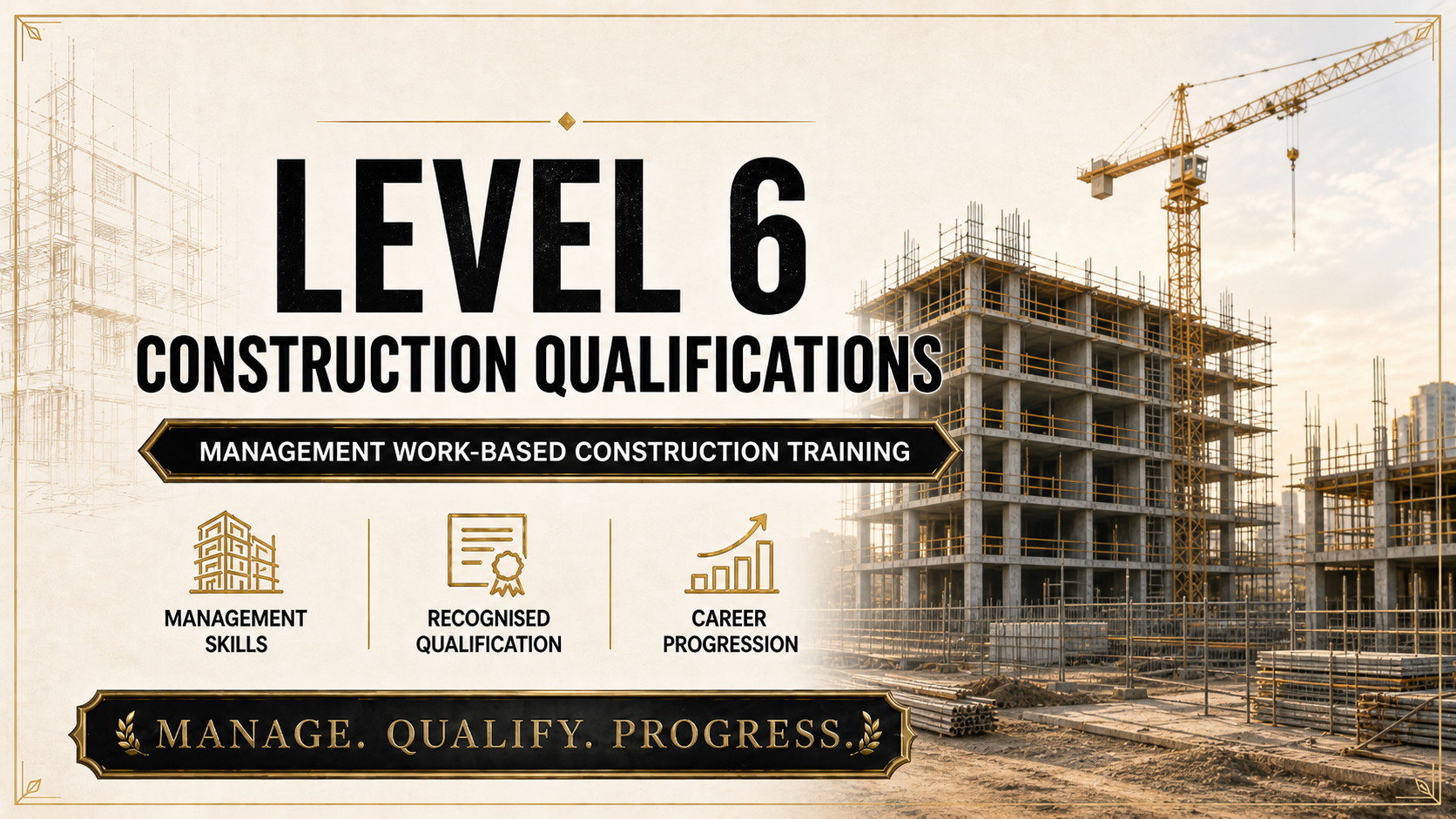 Construction site with partially built multi-story building and crane, promotional flyer for Level 6 construction qualifications training program, featuring management skills, recognized qualification, career progression, and slogan 'Manage. Qualify. Progress.'