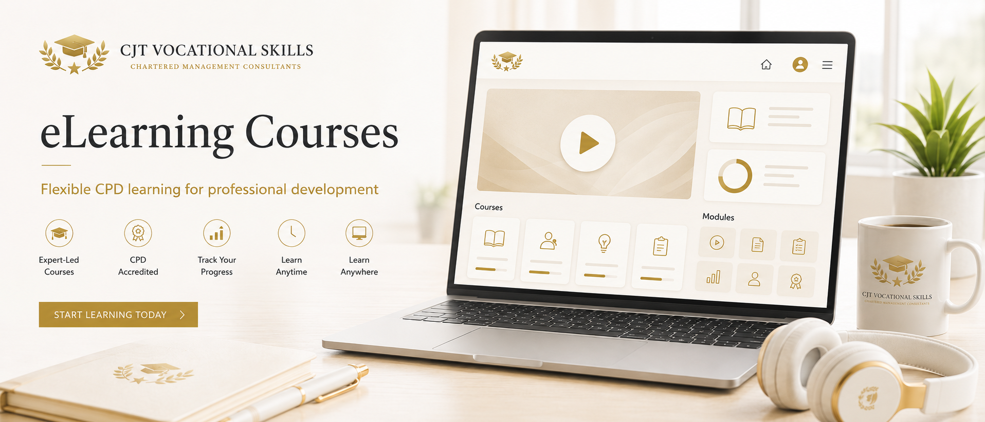Webpage for CJT Vocational Skills featuring eLearning courses with icons for expert-led courses, CPD accreditation, progress tracking, and flexible learning options, displayed on a laptop with a coffee mug and headphones nearby.