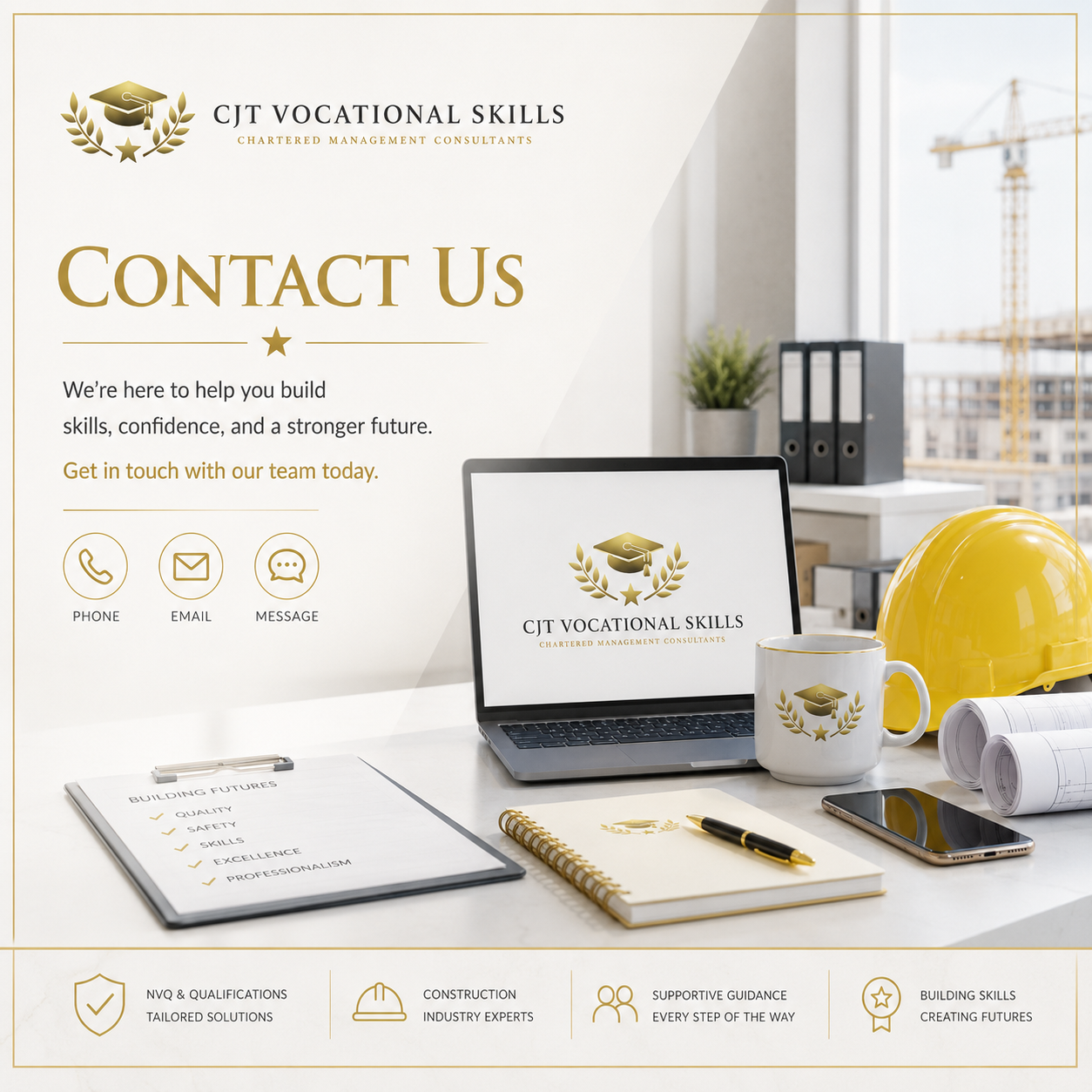 Contact page of CJT Vocational Skills with office desk items including a laptop, hard hat, coffee mug with logo, notepad, pen, rolled blueprints, smartphone, and a yellow construction helmet with a window view of a construction site in the background.